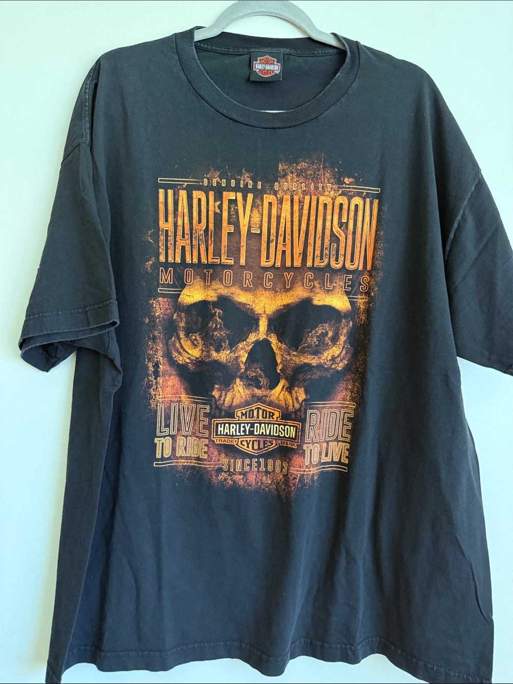 Harley-Davidson Black T-Shirt with Orange Skull Graphic